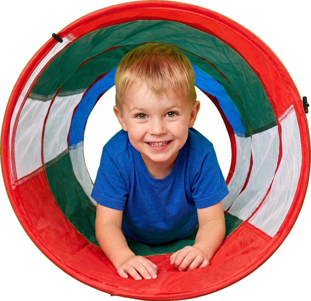 Child playing in a pop-up tunnel