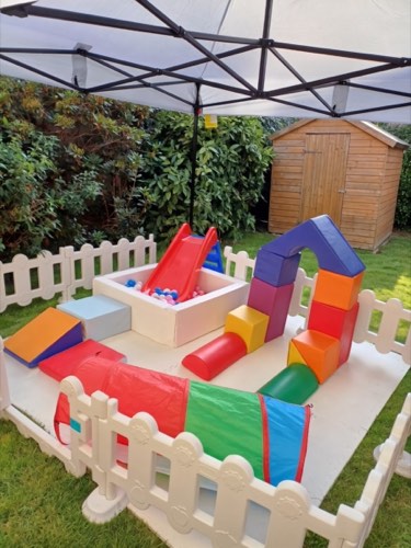 Garden gazebo soft play setup with tunnel, ball pit and foam blocks